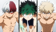 Shota, Izuku, and Katsuki prepare to race across the pool.