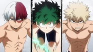 Izuku, Shoto, and Katsuki prepare to race.