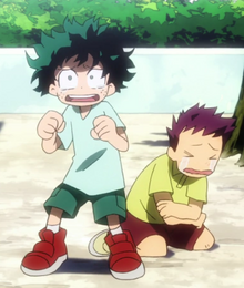 Izuku defends a child from Katsuki