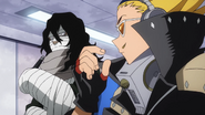 Present Mic listens to Aizawa defend Katsuki's brutality.