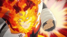 Endeavor lanza un ataque contra Hood usando su técnica Jet Burn.