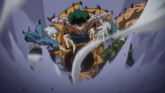 Shoto, Izuku, and Mezo tackle Mr. Compress to retrieve Katsuki and Fumikage.