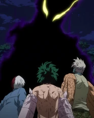 Kurogiri blocks Izuku, Mezo and Shoto