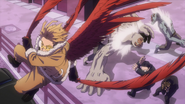 Hawks uses his Feather Blades to take down some Nomu.