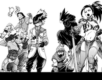 Momo Yaoyorozu, Fumikage Tokoyami, Mashirao Ojiro, Denki Kamninari, Mina Ashido, Hanta Sero y Toru Hagakure con trajes de fantasía.