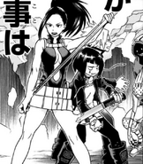 Kyoka, Momo and Denki fight villains during the USJ attack.