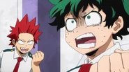 Being cheered on to catch up to his classmates.