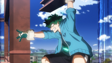 Izuku lifts up the beam to shoot again