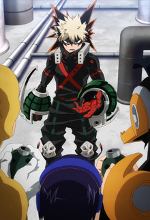 Katsuki gives grenades to his teammates.