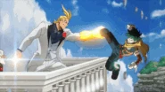 Dark Might punches Izuku directly in the face with a Bologna Smash.