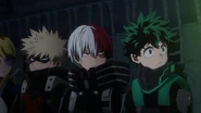 Izuku, Shoto and Katsuki wearing their stealth suits
