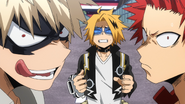 Katsuki, Eijiro, and Denki prepare to fight Seiji's former meatball victims.