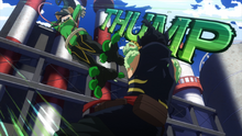 Tsuyu Asui dropkicks Hiryu Rin (anime)