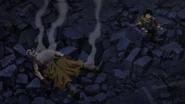 Izuku sees that Ginji has ended up badly injured after his encounter with the fake All Might.