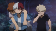 Shoto and Katsuki walk through the forest