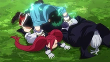 Izuku apprehends Gentle Criminal and La Brava.