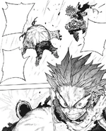 Deku is about to attack an inflated Tomura.