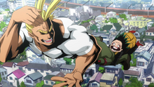 Izuku grabs onto All Might's leg