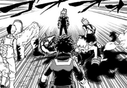 The students back up All Might against the League of Villains.