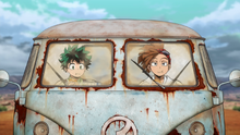 Izuku and Rody traveling together in a van