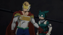 Mirio demandant à Deku de se retirer