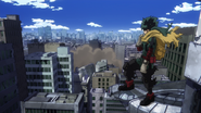 Izuku notices a giant villain tearing through a ravaged city.