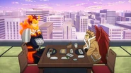 Endeavor and Hawks chat in the restaurant.