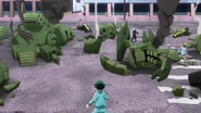 Izuku falls behind as others destroy all the robots and gain points.