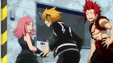 Eijiro Kirishima and Denki Kaminari talking to Mei Hatsume