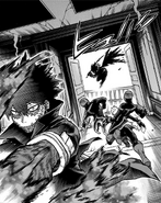 Hawks dodges Dabi’s large flamethrower.