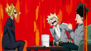 Izuku and All Might surprised by Katsuki's sudden boast.