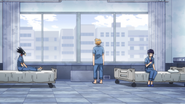 Kyoka, Denki, and Fumikage recovering in the hospital.