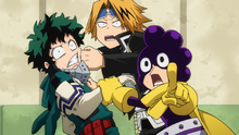 Izuku, Denki, and Minoru notice Camie