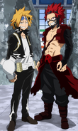 Eijiro and Denki wearing their upgraded hero costumes.