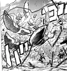 Gigantomachia arrives on the battlefield and retrieves Tomura.