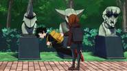 Ochaco stops Izuku from hitting the ground before entering the exams.