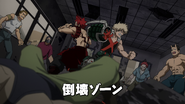 Katsuki and Eijiro surrounded by villains in the Ruins Zone.