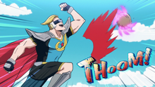 Captain Celebrity defeats a villain (Anime)