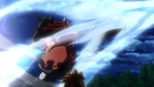 Rogone blocks Izuku's Delaware Air Force attack from behind.