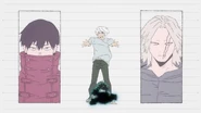 Izuku in the vestige realm with En and Hikage in Season 8's "I" ending.