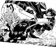 Tsuyu desperately tries to save Izuku from Nomu.