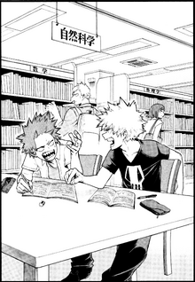 Katsuki and Eijiro studying at the library