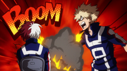 Katsuki blows up the table and tells Shoto to use his fire in the upcoming fight.