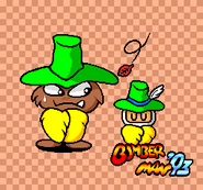 Digger's comedic scene. Digger is embarrassed by Bomberman mocking him in clothing. Note: Bomberman's hat has a blue ring and a white feather.