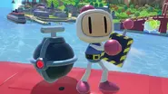 Bomberman about to detonate one of his Remote Bombs on Pilotwings.