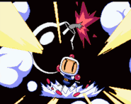 Bomberman throwing a bomb at the screen