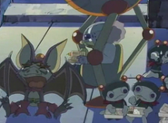 The Hige Hige Bandits and Dr. Mechado wait for White Bomber's Fire Bomb to charge while Bat Bomber yawns.