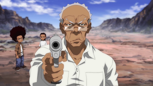 huey freeman and riley freeman with guns