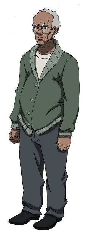 An old man with an angry expression on his face. He is wearing a green cardigan, grey trousers and black shoes. His arms hang by his side.