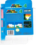 Back of the box, which directly uses the description from the back of Super Mario Bros. Deluxe's box and shows gameplay pictures of the Squirrel King hack Super Mario Bros.